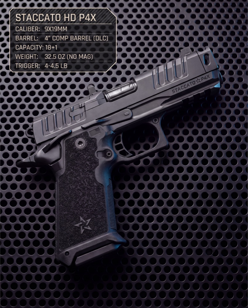 A clean, minimal product shot of a Staccato P4X with only the specs that matter, as done by Artifice Tactical