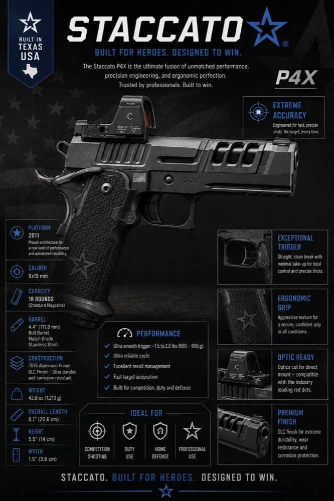 A cluttered AI-generated firearm poster crammed with specs, icons, and text in multiple fonts