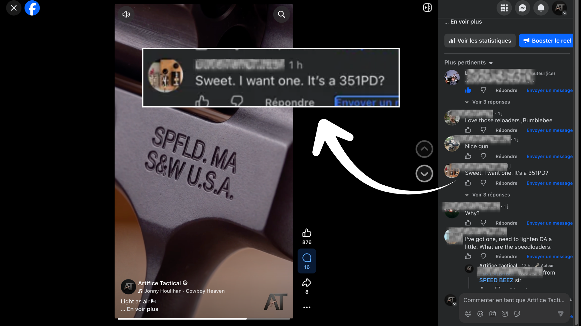 Facebook comment reading 'Sweet. I want one. It's a 351PD?' on the Artifice Tactical Reel