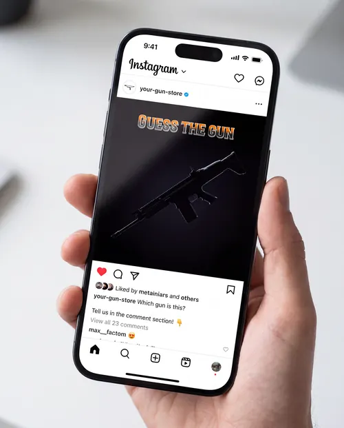 Example Instagram post showing a rifle silhouette asking followers to guess the gun