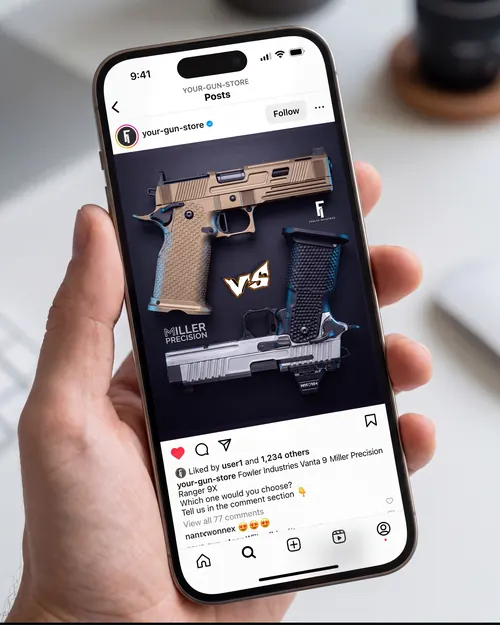 Example Instagram post comparing two pistols side by side asking followers which one they'd choose
